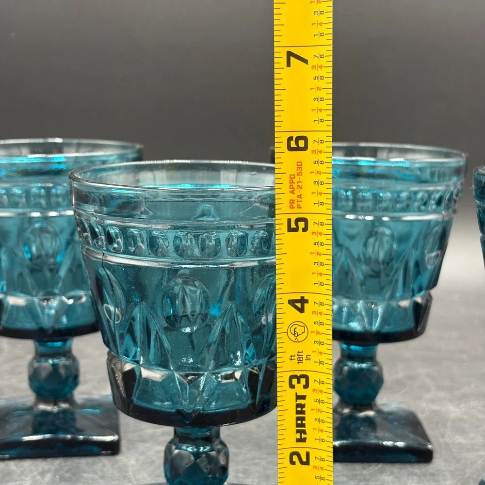 Vtg Indiana Park Lane Teal Blue Glassware 8pc Diamond Starburst Goblets Tumblers